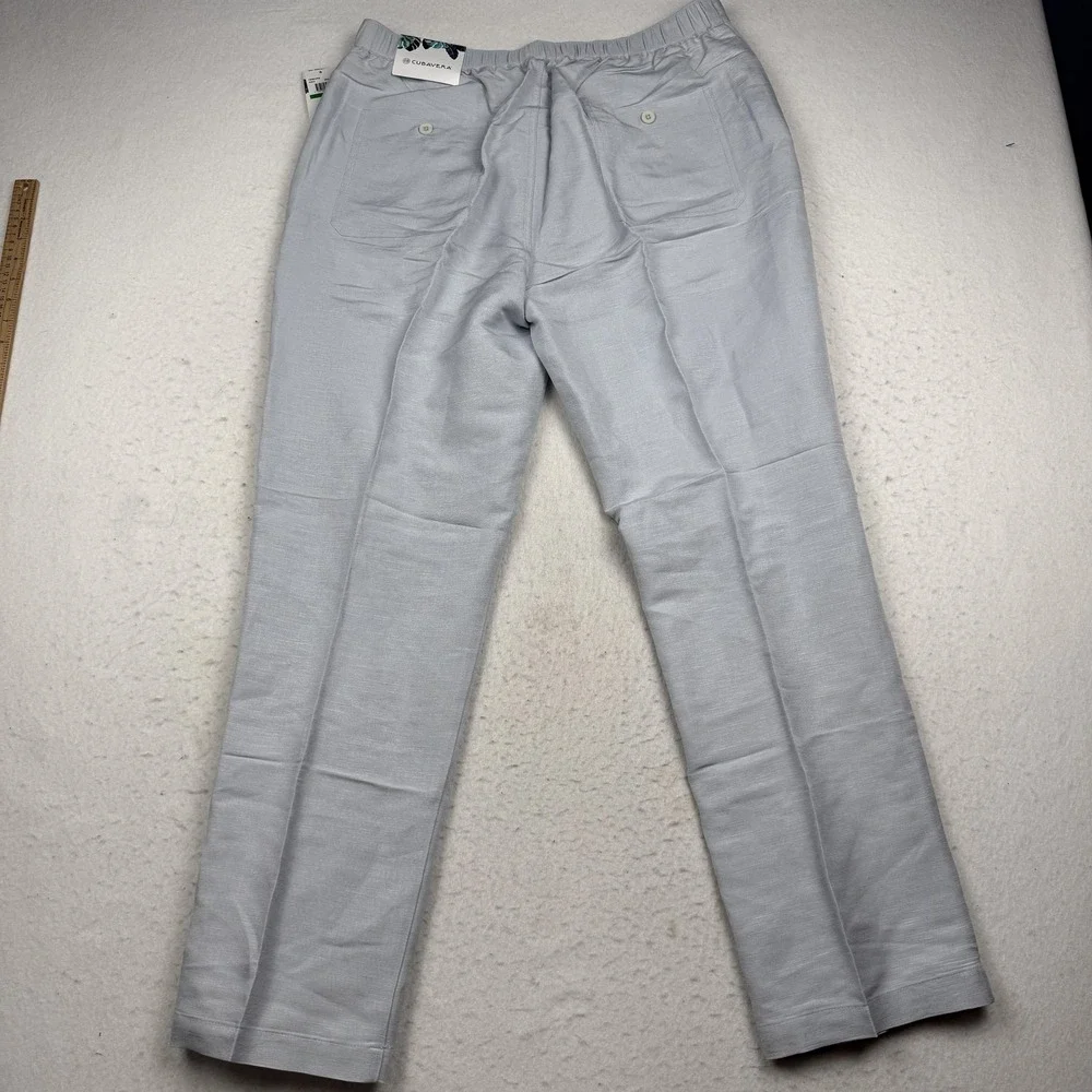 Cubavera Pants Mens L (35x31) Gray Linen Pleated Relaxed Chino Elastic Waist